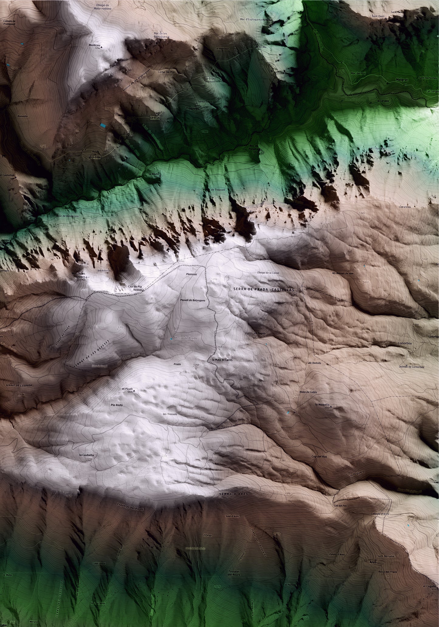 Mapa artístico del relieve de Cabó, al Alt Urgell, con 15 km de entorno y base topográfica ICGC. Detalle de la zona superior derecha.