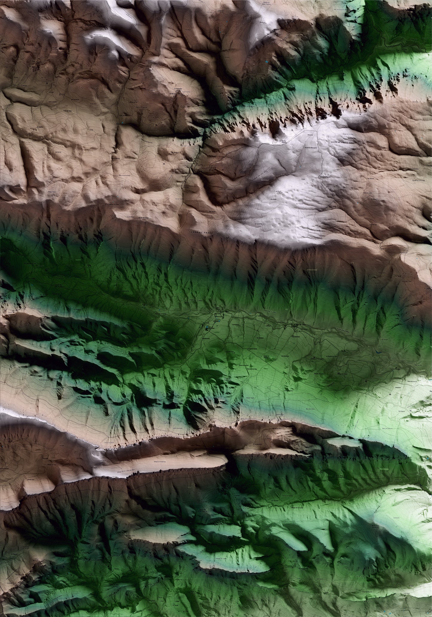 Mapa artístico del relieve de Cabó, al Alt Urgell, con 15 km de entorno y base topográfica ICGC