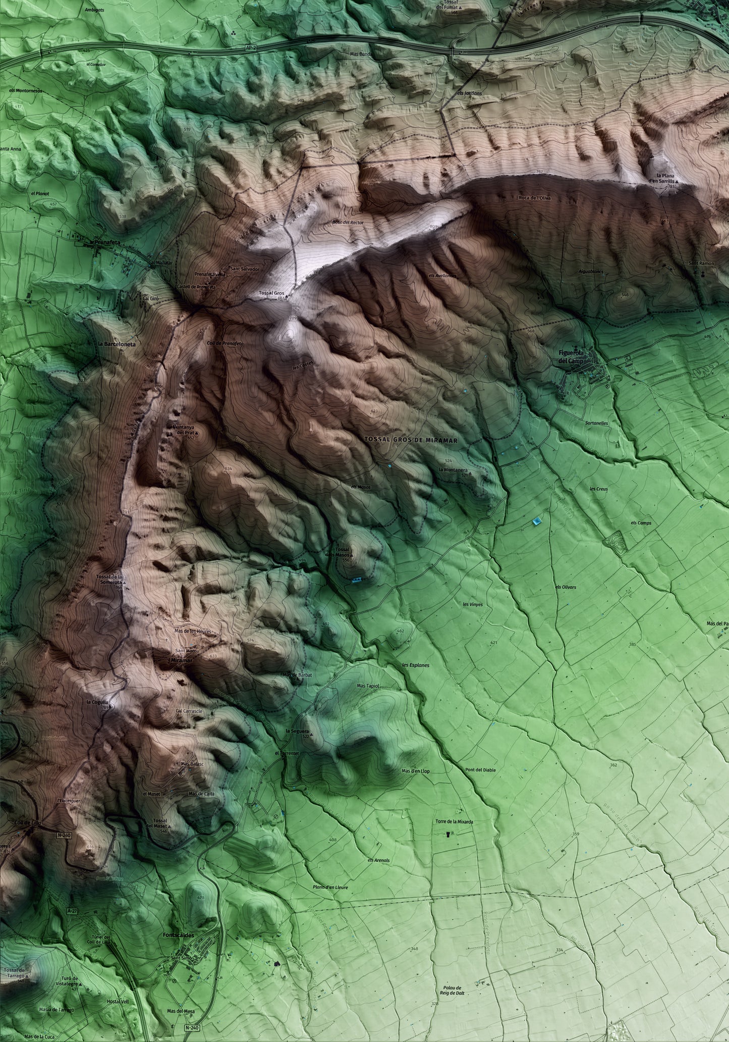 Mapa artístico del relieve de Cabra del Camp, al Alt Camp, con 15 km de entorno y base topográfica ICGC. Detalle de la zona inferior izquierda.