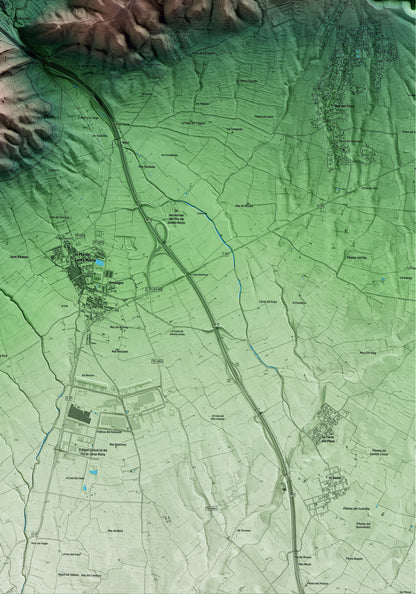 Mapa artístico del relieve de Cabra del Camp, al Alt Camp, con 15 km de entorno y base topográfica ICGC. Detalle de la zona inferior derecha.