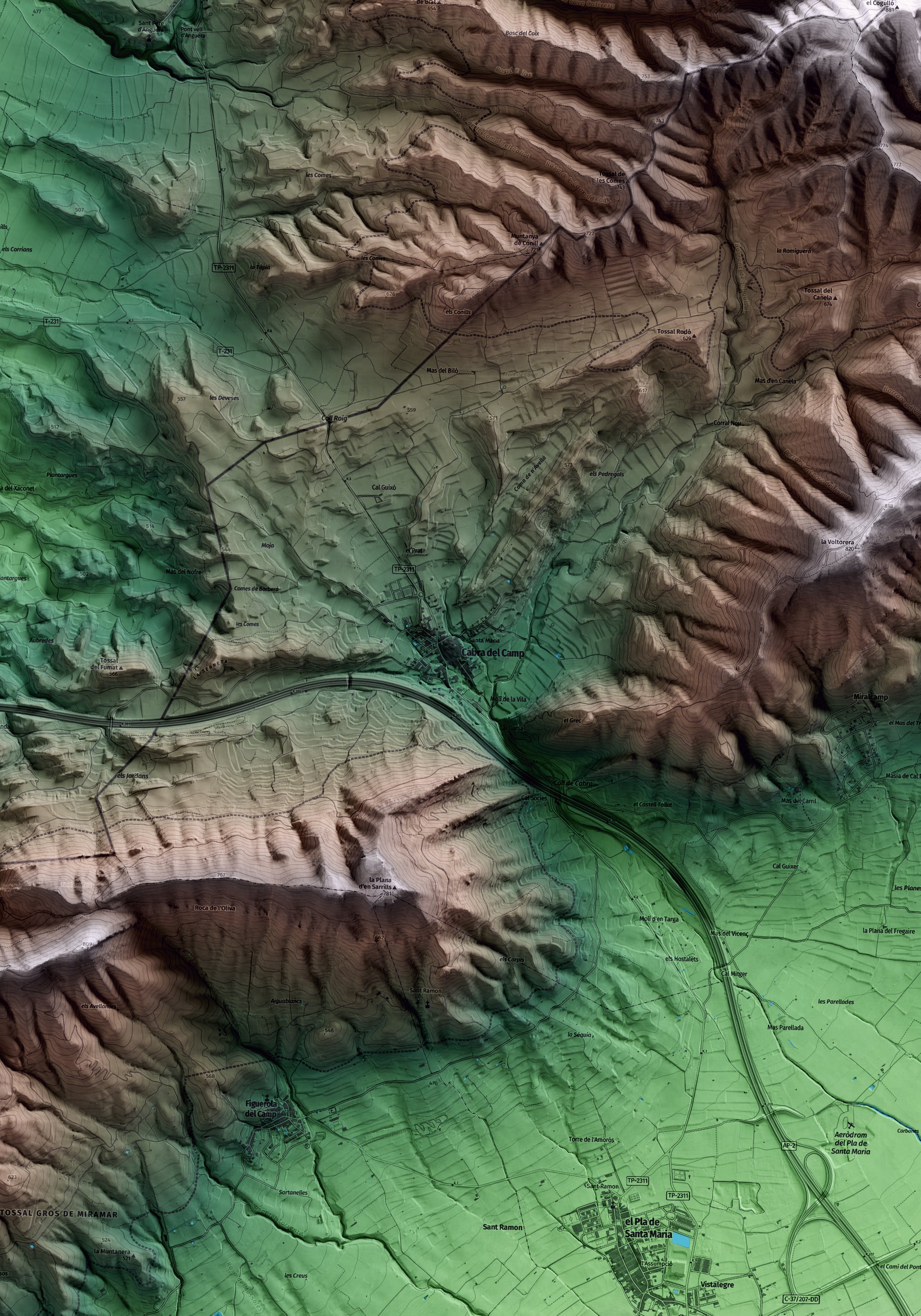 Mapa artístico del relieve de Cabra del Camp, al Alt Camp, con 15 km de entorno y base topográfica ICGC. Detalle de la zona central.