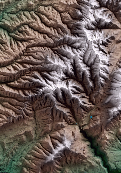 Mapa artístico del relieve de Cabra del Camp, al Alt Camp, con 15 km de entorno y base topográfica ICGC. Detalle de la zona superior derecha.