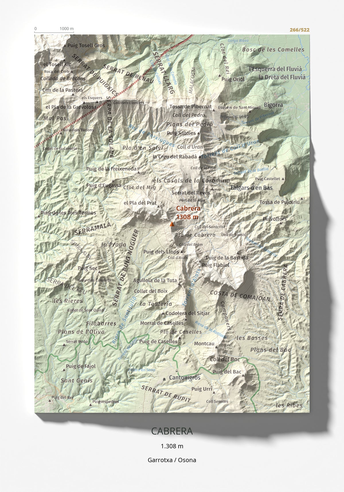Mapa de relieve de Cabrera, 1308 m, Garrotxa · Osona, lámina 100 Cims de Trobart 21 × 30 cm.