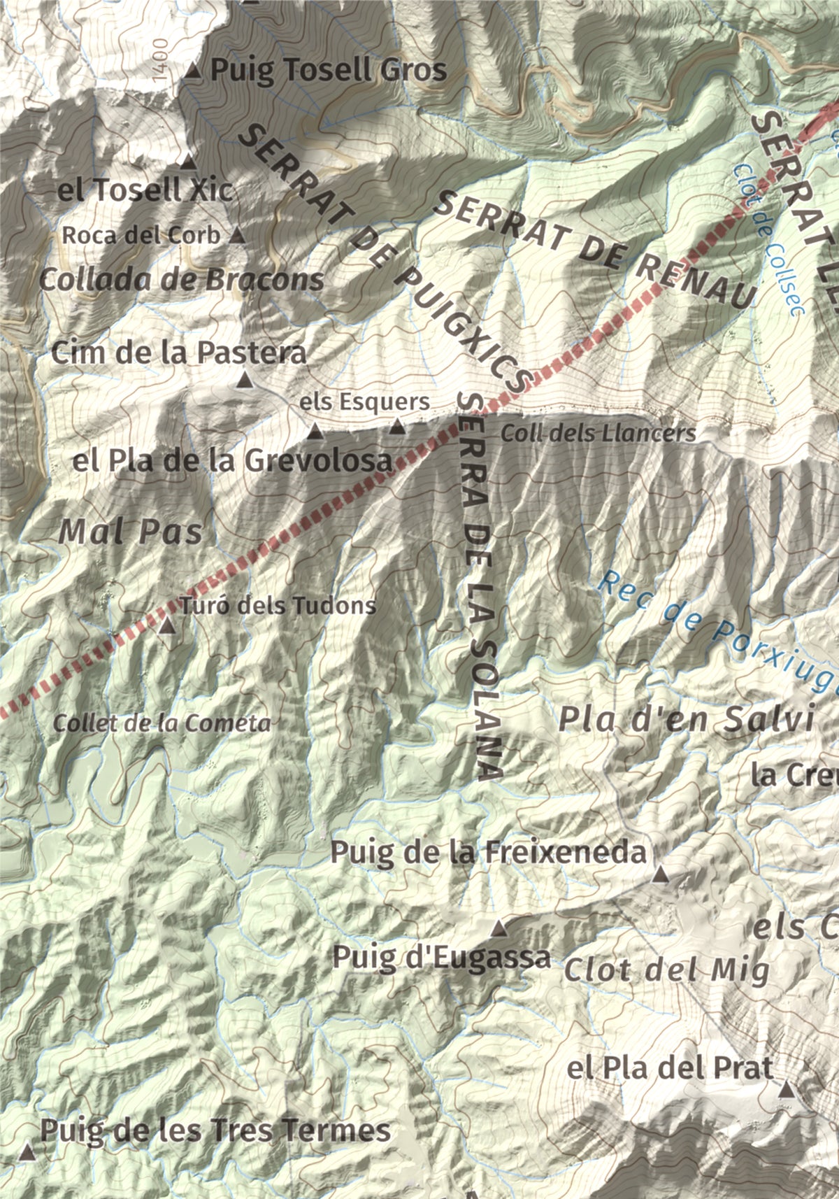 Mapa de relieve de Cabrera, 1308 m, Garrotxa · Osona, lámina 100 Cims de Trobart. Detalle de la zona superior izquierda. 21 × 30 cm.