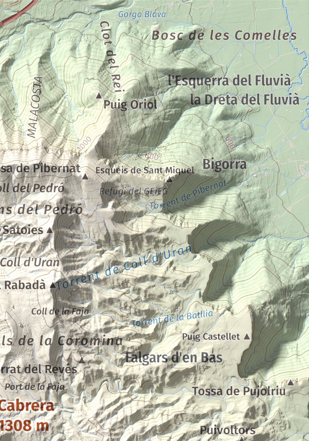 Mapa de relieve de Cabrera, 1308 m, Garrotxa · Osona, lámina 100 Cims de Trobart. Detalle de la zona superior derecha. 21 × 30 cm.