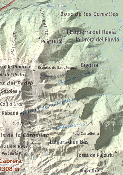 Mapa de relieve de Cabrera, 1308 m, Garrotxa · Osona, lámina 100 Cims de Trobart. Detalle de la zona superior derecha. 21 × 30 cm.