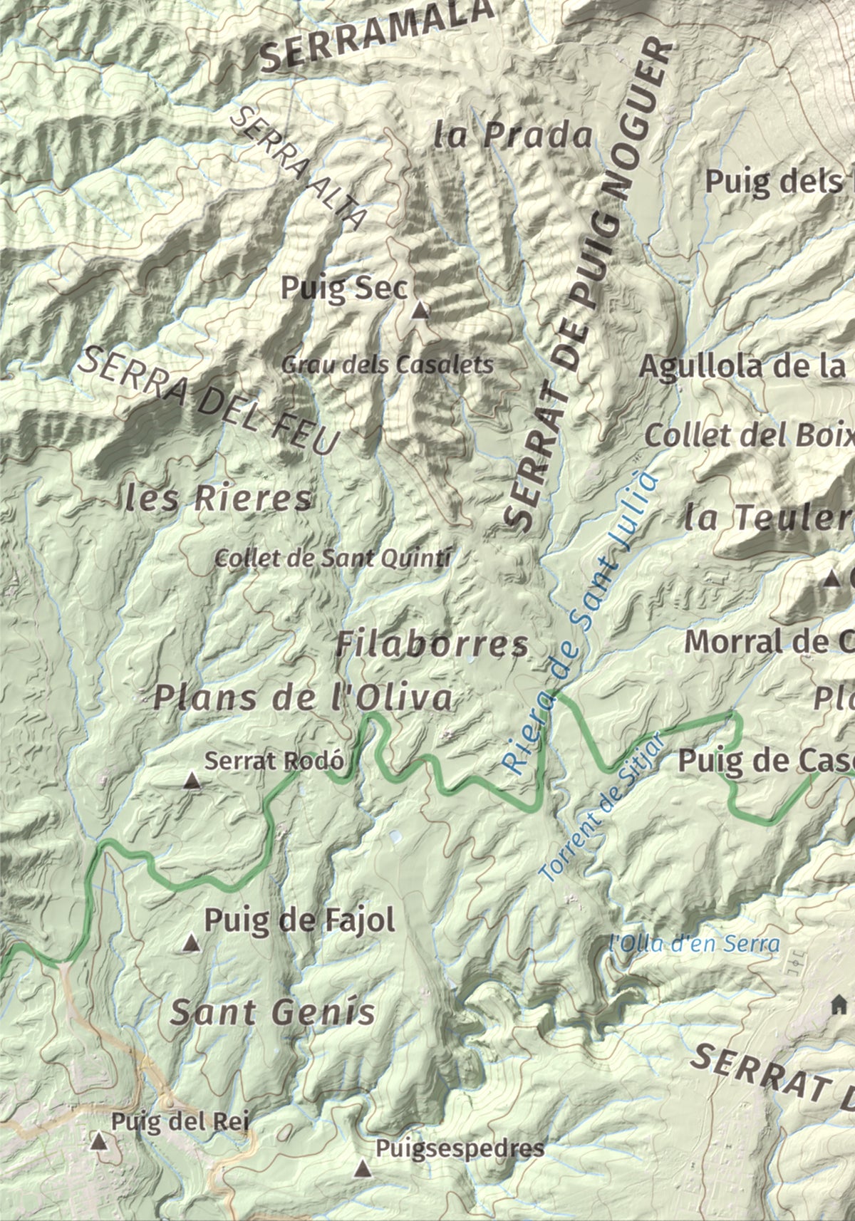 Mapa de relieve de Cabrera, 1308 m, Garrotxa · Osona, lámina 100 Cims de Trobart. Detalle de la zona inferior izquierda. 21 × 30 cm.