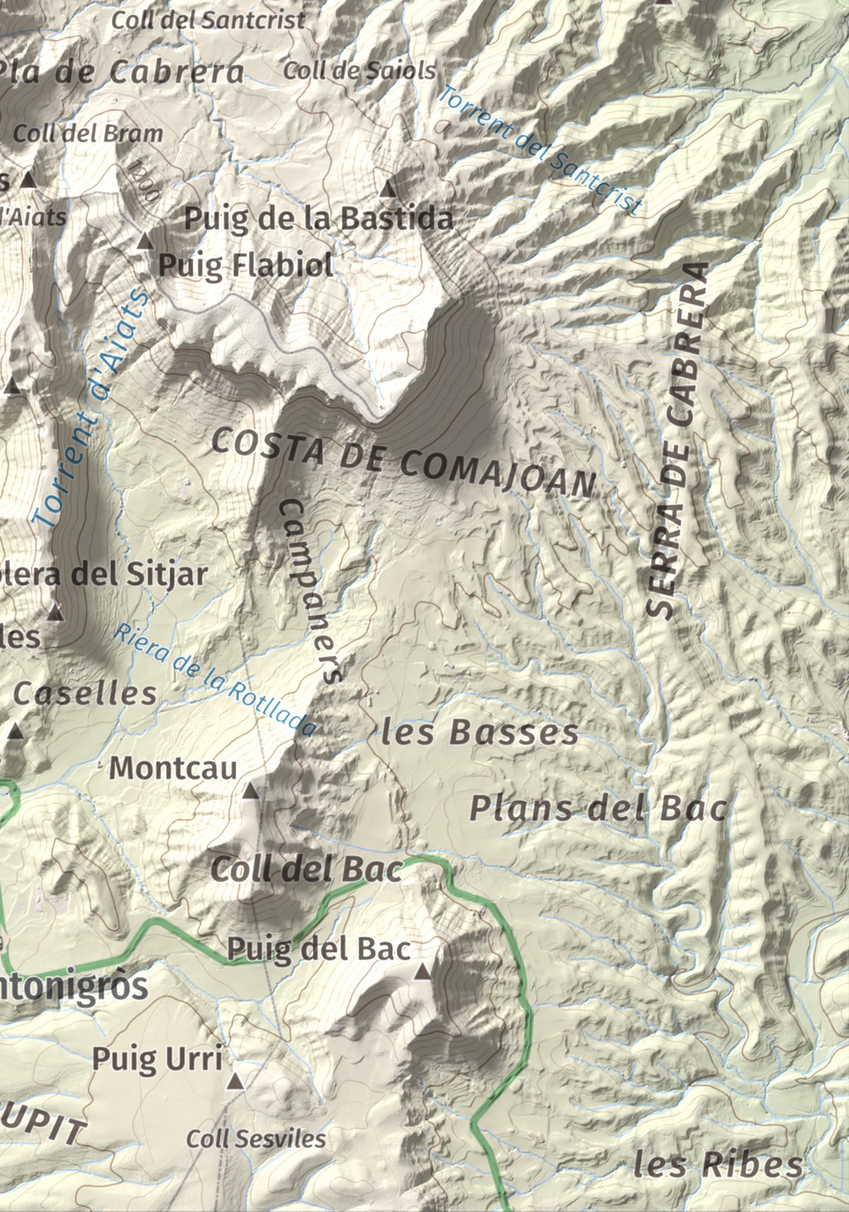 Mapa de relieve de Cabrera, 1308 m, Garrotxa · Osona, lámina 100 Cims de Trobart. Detalle de la zona inferior derecha. 21 × 30 cm.