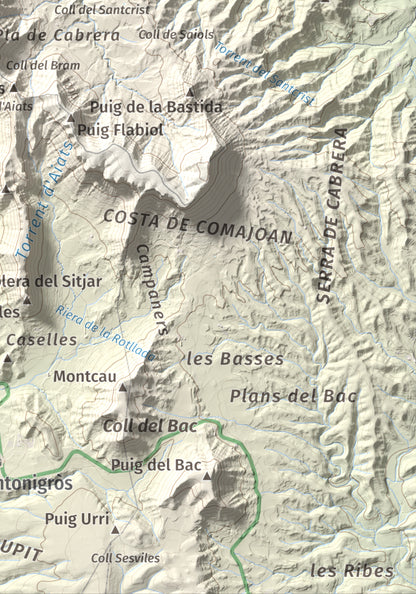 Mapa de relieve de Cabrera, 1308 m, Garrotxa · Osona, lámina 100 Cims de Trobart. Detalle de la zona inferior derecha. 21 × 30 cm.