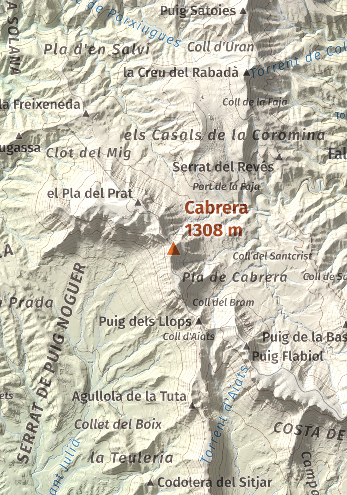 Mapa de relieve de Cabrera, 1308 m, Garrotxa · Osona, lámina 100 Cims de Trobart. Detalle de la zona central. 21 × 30 cm.