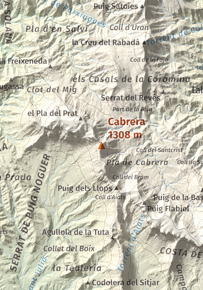 Mapa de relieve de Cabrera, 1308 m, Garrotxa · Osona, lámina 100 Cims de Trobart. Detalle de la zona central. 21 × 30 cm.