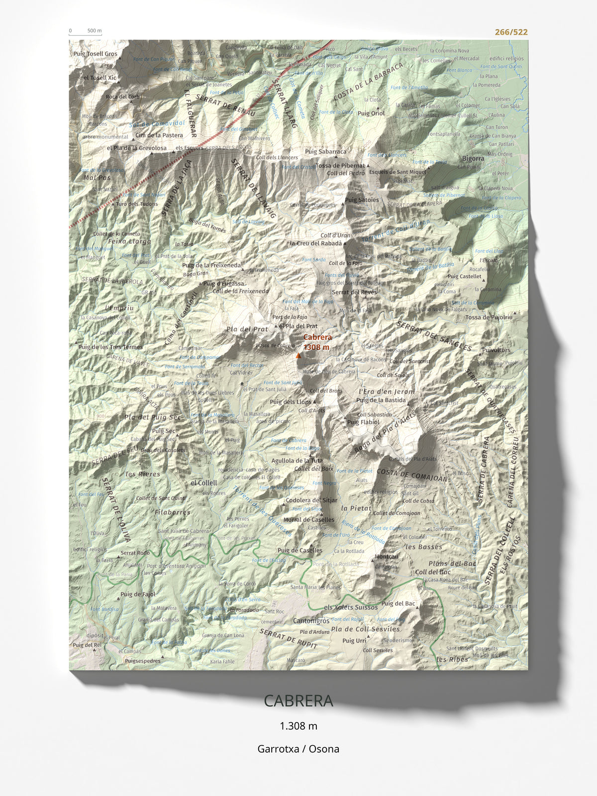 Mapa de relieve de Cabrera, 1308 m, Garrotxa · Osona, lámina 100 Cims de Trobart 30 × 40 cm.