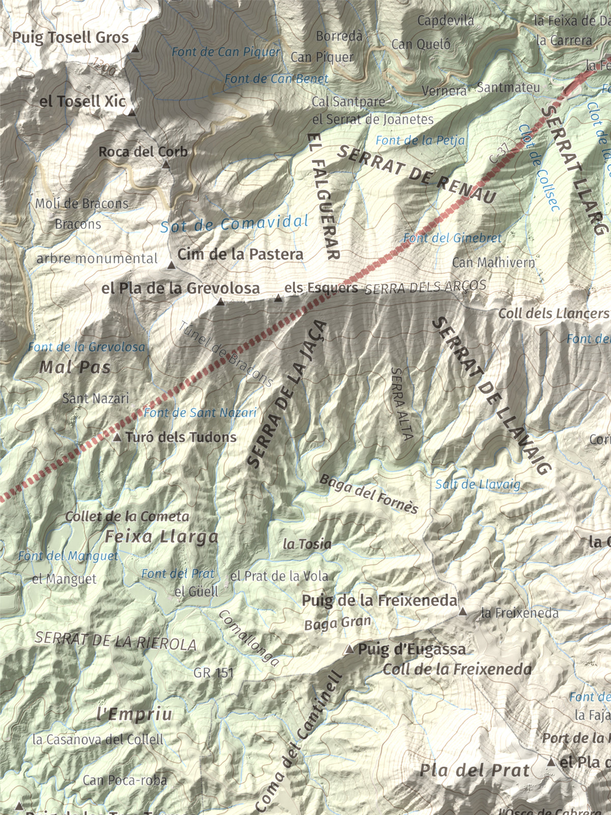 Mapa de relieve de Cabrera, 1308 m, Garrotxa · Osona, lámina 100 Cims de Trobart. Detalle de la zona superior izquierda. 30 × 40 cm.