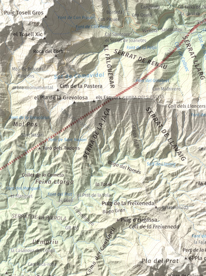 Mapa de relieve de Cabrera, 1308 m, Garrotxa · Osona, lámina 100 Cims de Trobart. Detalle de la zona superior izquierda. 30 × 40 cm.