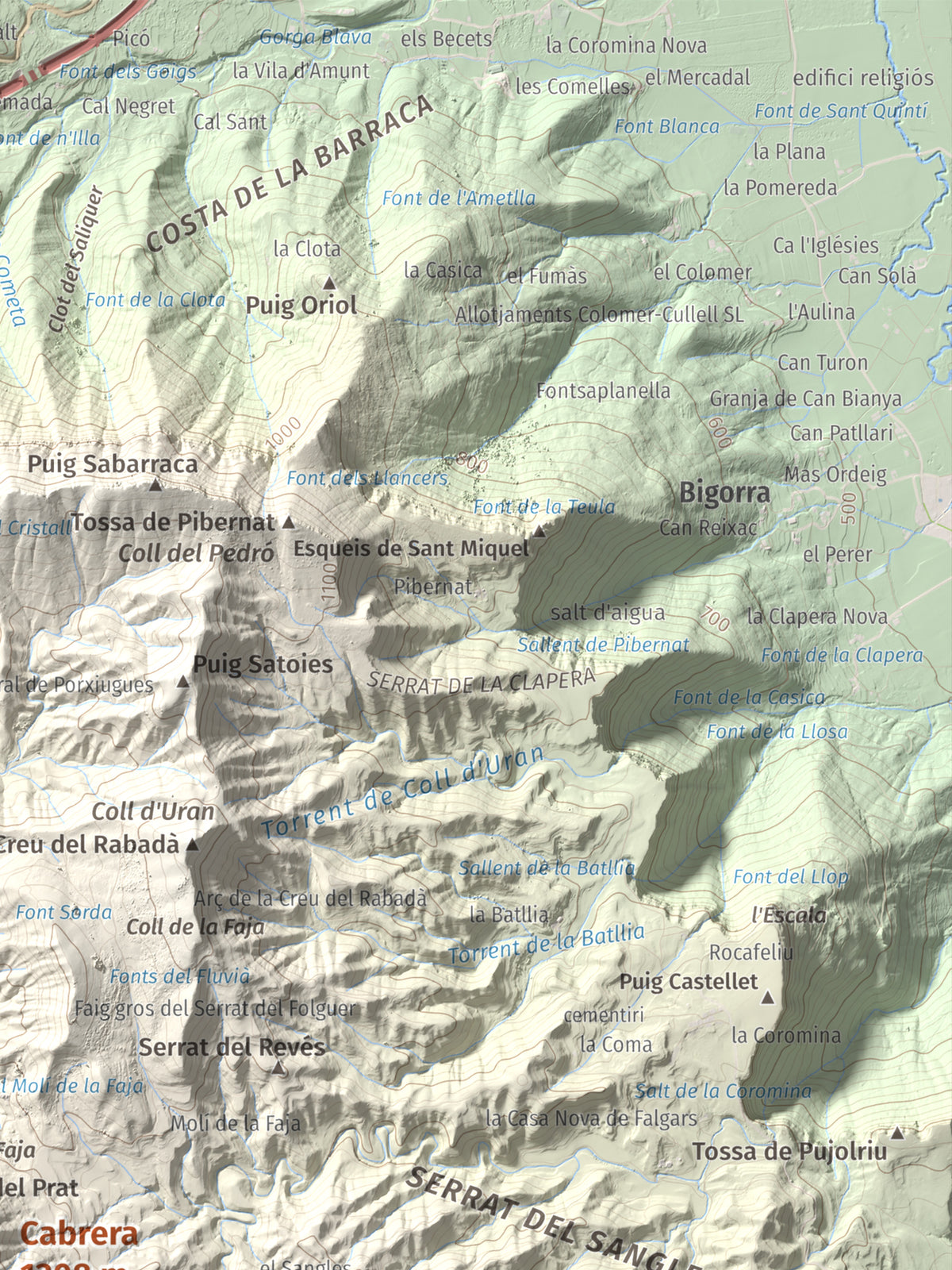Mapa de relieve de Cabrera, 1308 m, Garrotxa · Osona, lámina 100 Cims de Trobart. Detalle de la zona superior derecha. 30 × 40 cm.
