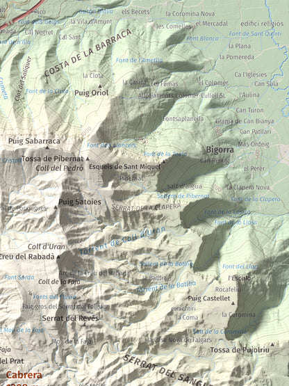 Mapa de relieve de Cabrera, 1308 m, Garrotxa · Osona, lámina 100 Cims de Trobart. Detalle de la zona superior derecha. 30 × 40 cm.