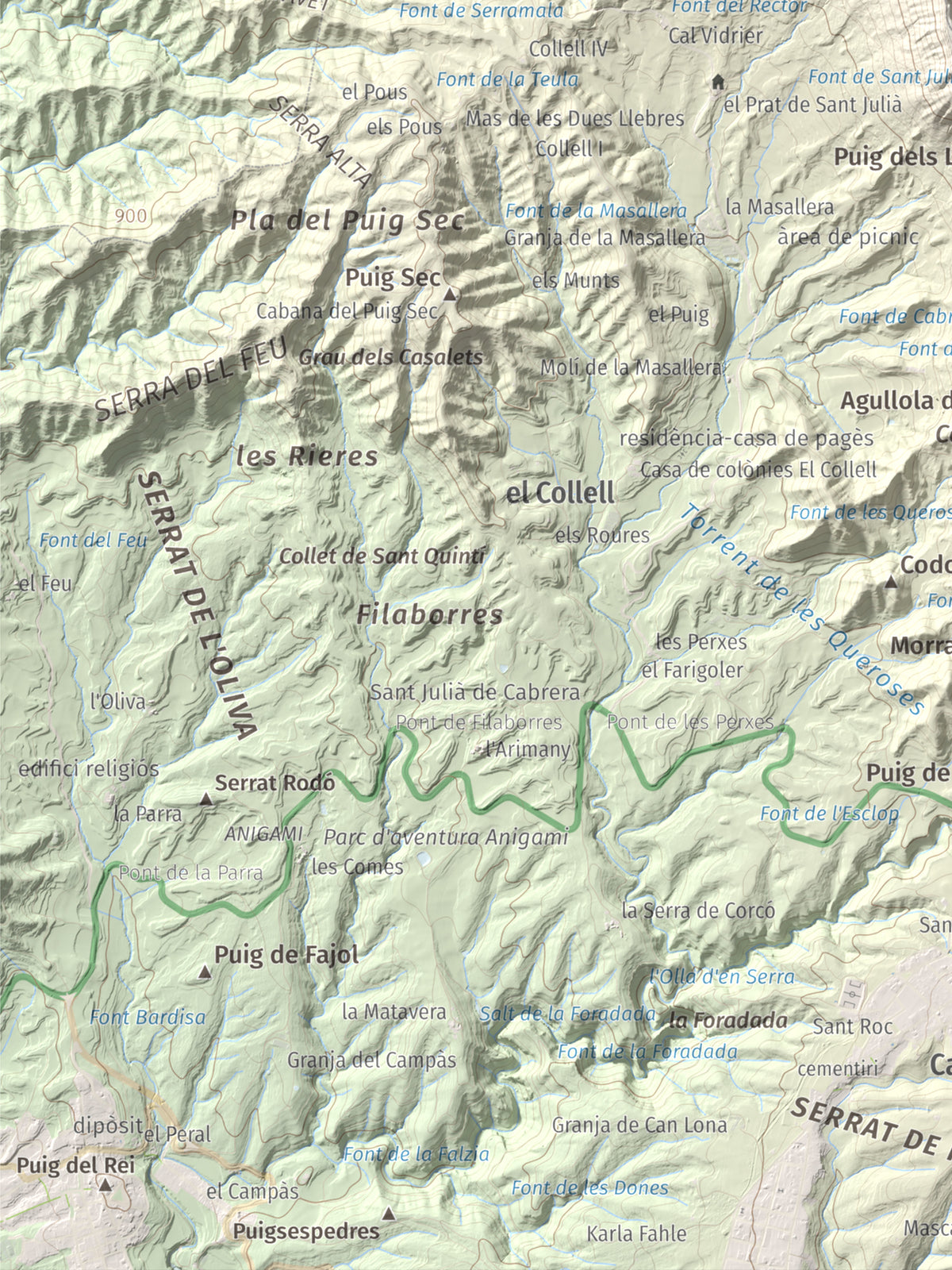 Mapa de relieve de Cabrera, 1308 m, Garrotxa · Osona, lámina 100 Cims de Trobart. Detalle de la zona inferior izquierda. 30 × 40 cm.