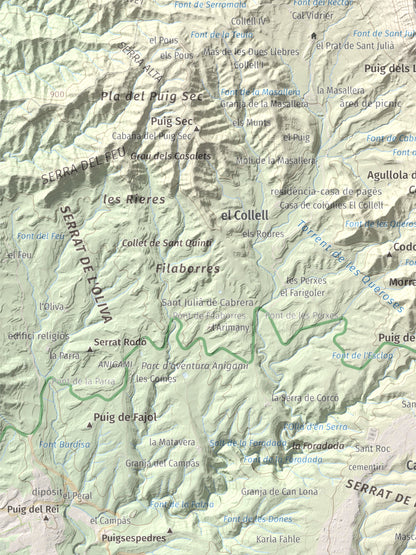 Mapa de relieve de Cabrera, 1308 m, Garrotxa · Osona, lámina 100 Cims de Trobart. Detalle de la zona inferior izquierda. 30 × 40 cm.