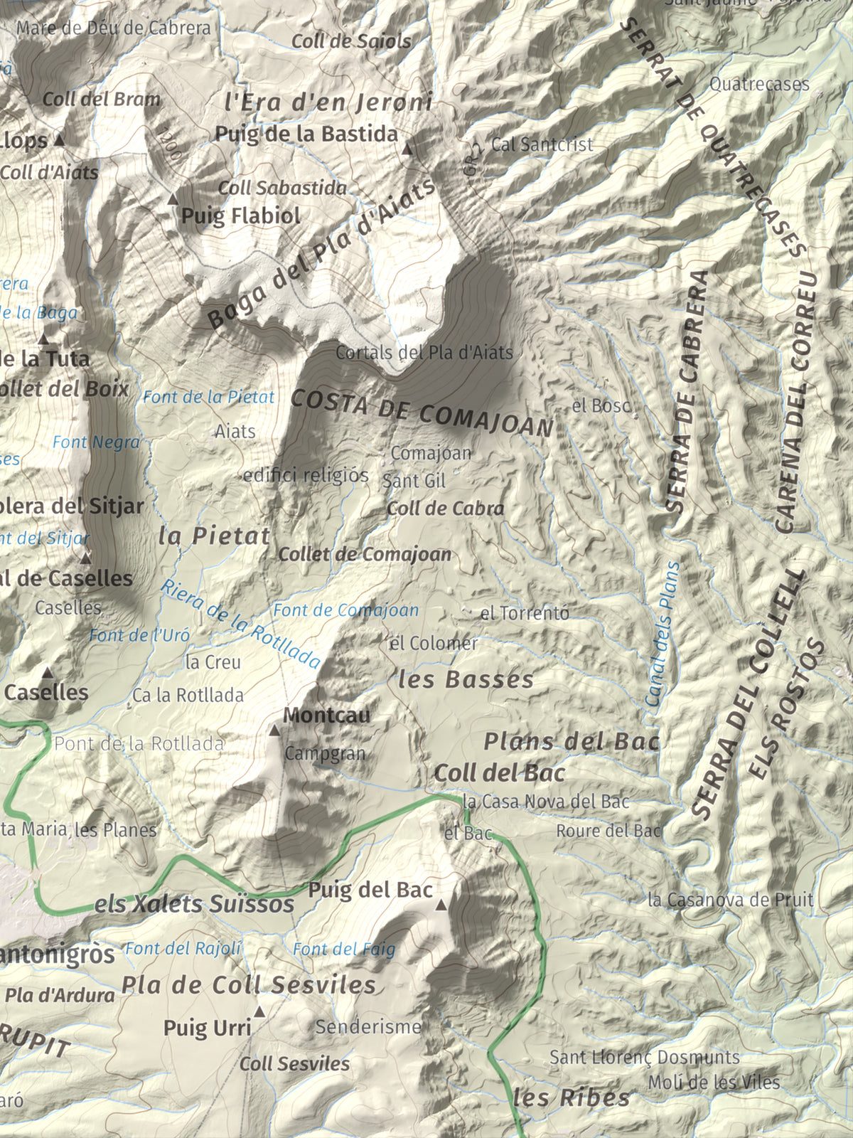 Mapa de relieve de Cabrera, 1308 m, Garrotxa · Osona, lámina 100 Cims de Trobart. Detalle de la zona inferior derecha. 30 × 40 cm.
