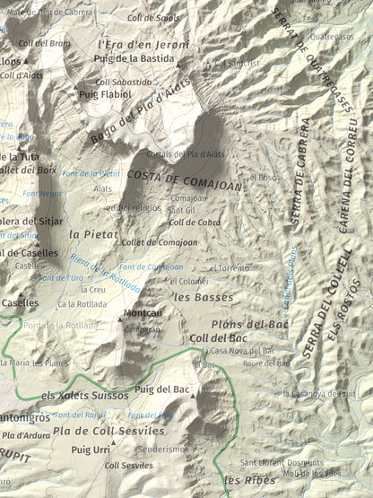 Mapa de relieve de Cabrera, 1308 m, Garrotxa · Osona, lámina 100 Cims de Trobart. Detalle de la zona inferior derecha. 30 × 40 cm.