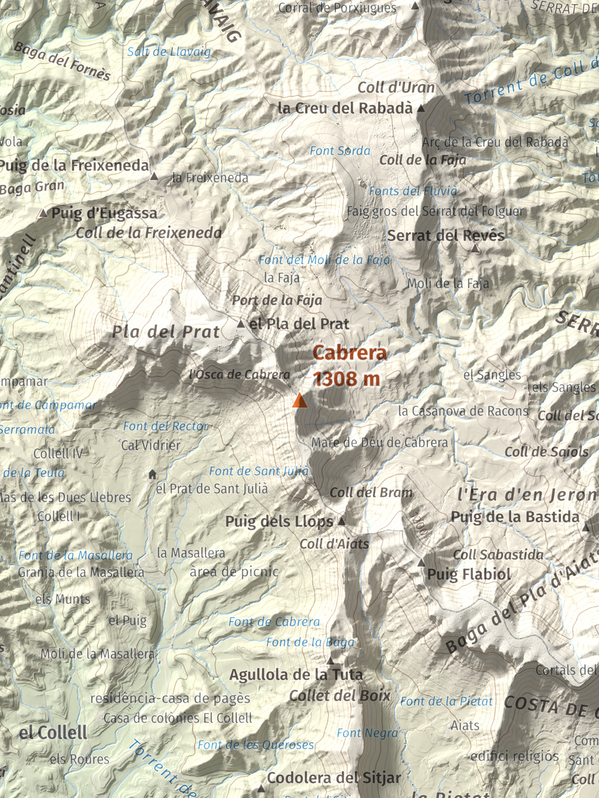 Mapa de relieve de Cabrera, 1308 m, Garrotxa · Osona, lámina 100 Cims de Trobart. Detalle de la zona central. 30 × 40 cm.