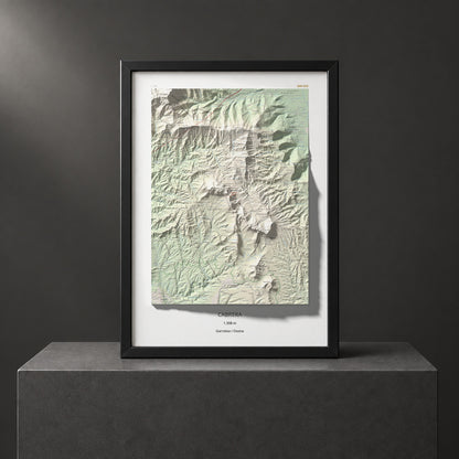 Mapa de relieve de Cabrera, 1308 m, Garrotxa · Osona, lámina 100 Cims de Trobart. Presentación enmarcada. 50 × 70 cm.