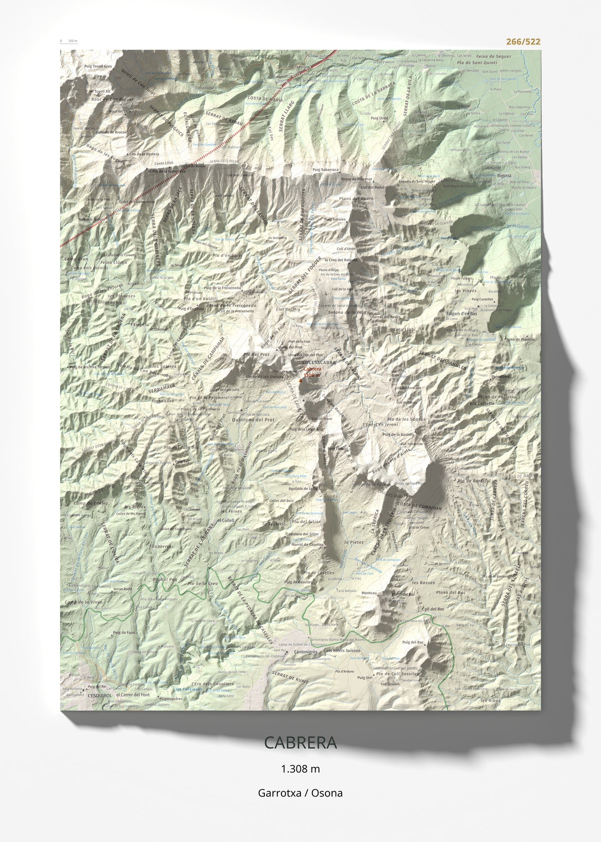 Mapa de relieve de Cabrera, 1308 m, Garrotxa · Osona, lámina 100 Cims de Trobart 50 × 70 cm.