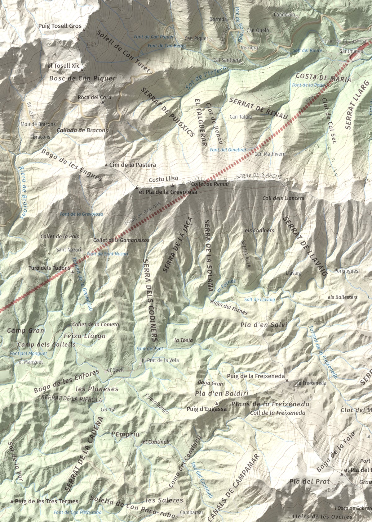 Mapa de relieve de Cabrera, 1308 m, Garrotxa · Osona, lámina 100 Cims de Trobart. Detalle de la zona superior izquierda. 50 × 70 cm.