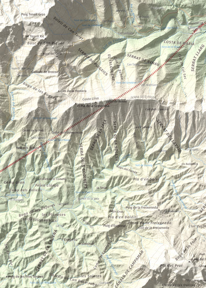 Mapa de relieve de Cabrera, 1308 m, Garrotxa · Osona, lámina 100 Cims de Trobart. Detalle de la zona superior izquierda. 50 × 70 cm.