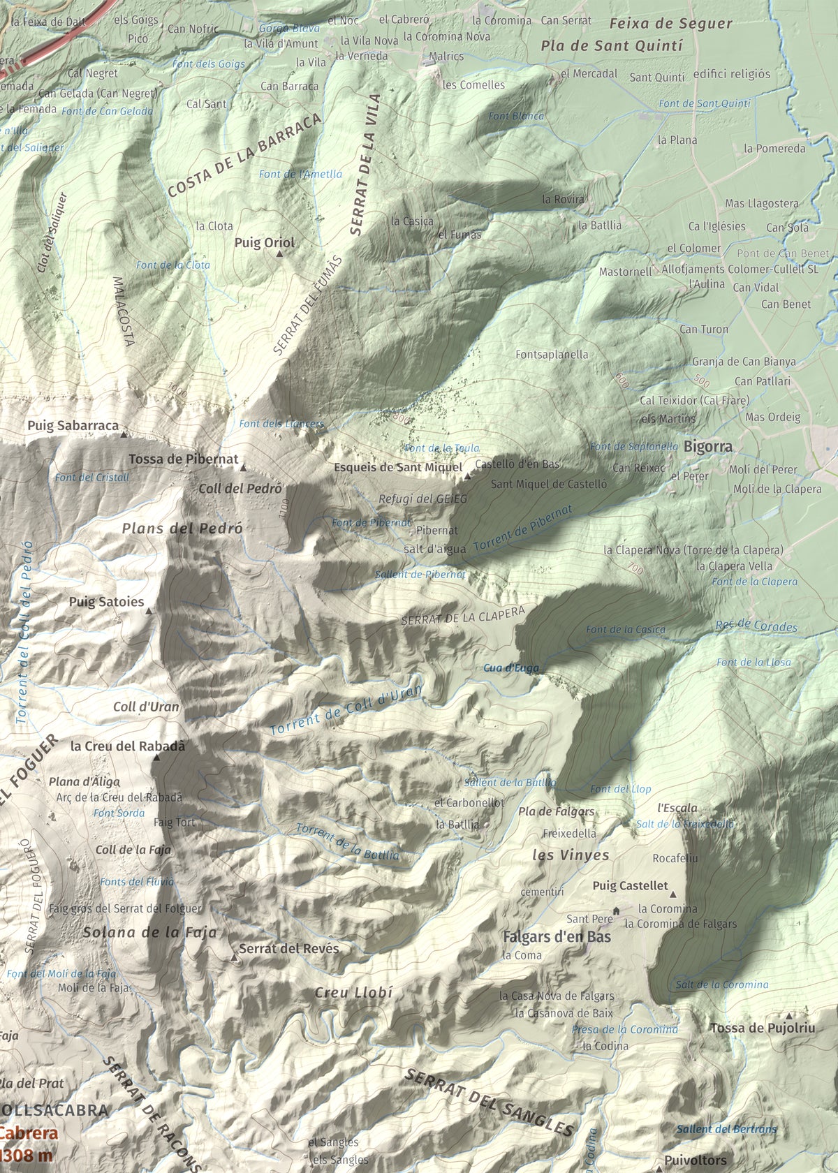 Mapa de relieve de Cabrera, 1308 m, Garrotxa · Osona, lámina 100 Cims de Trobart. Detalle de la zona superior derecha. 50 × 70 cm.