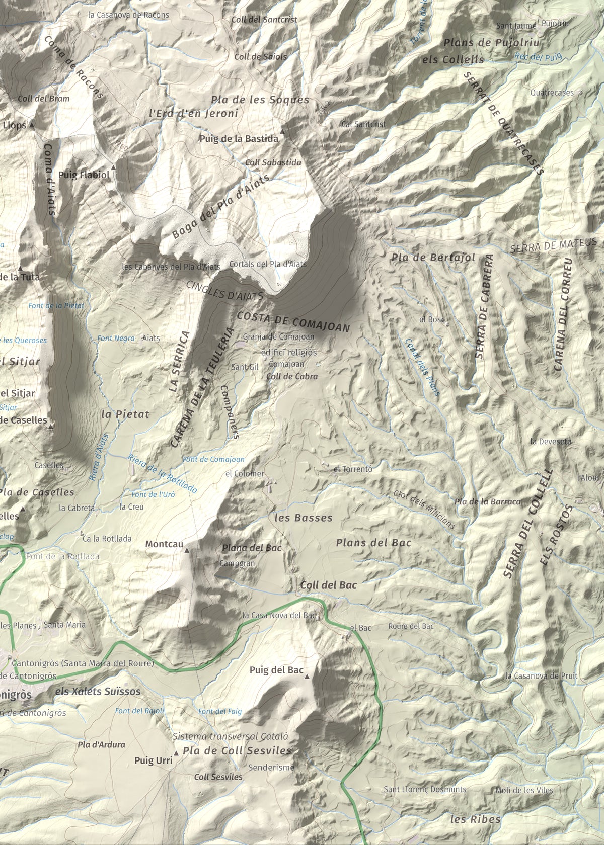 Mapa de relieve de Cabrera, 1308 m, Garrotxa · Osona, lámina 100 Cims de Trobart. Detalle de la zona inferior derecha. 50 × 70 cm.