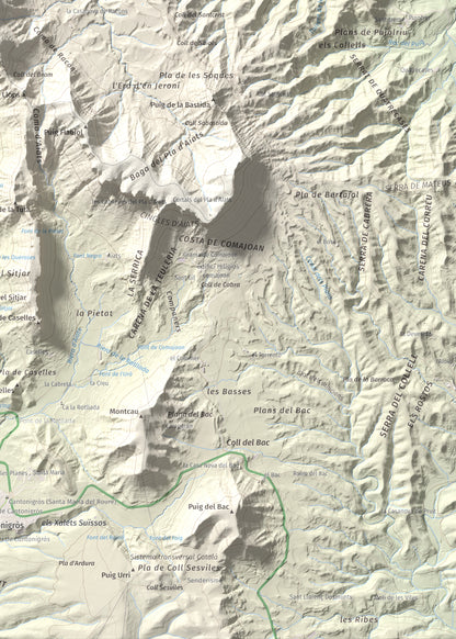 Mapa de relieve de Cabrera, 1308 m, Garrotxa · Osona, lámina 100 Cims de Trobart. Detalle de la zona inferior derecha. 50 × 70 cm.
