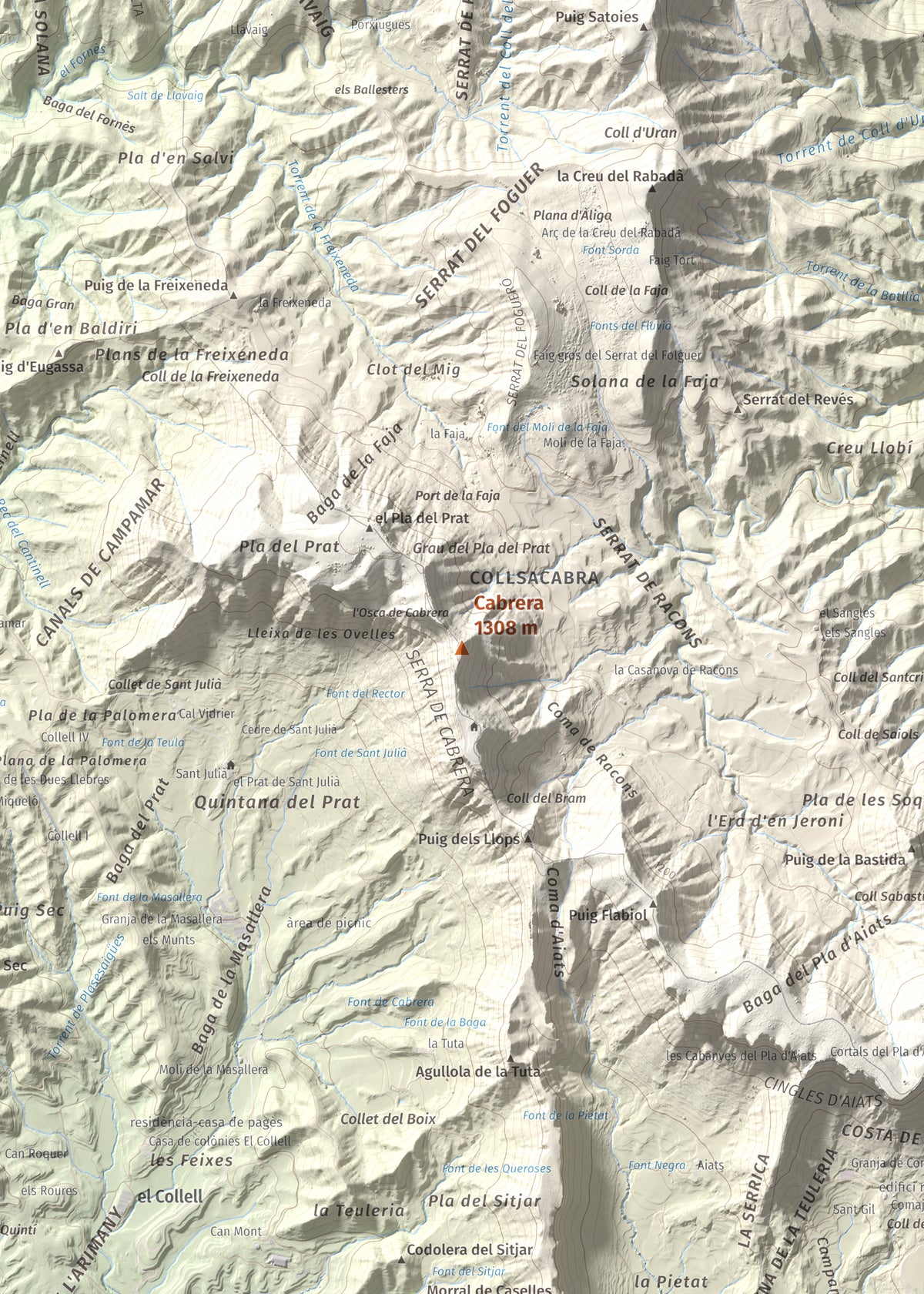 Mapa de relieve de Cabrera, 1308 m, Garrotxa · Osona, lámina 100 Cims de Trobart. Detalle de la zona central. 50 × 70 cm.
