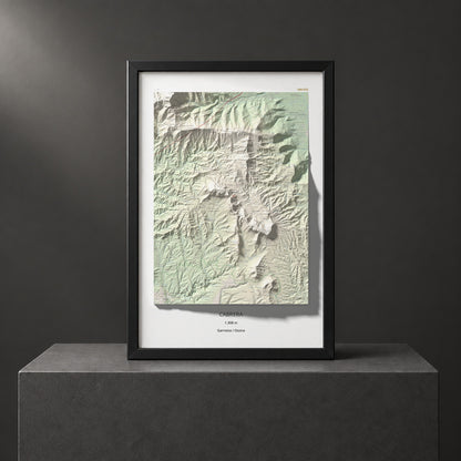 Mapa de relieve de Cabrera, 1308 m, Garrotxa · Osona, lámina 100 Cims de Trobart. Presentación enmarcada. 61 × 91 cm.