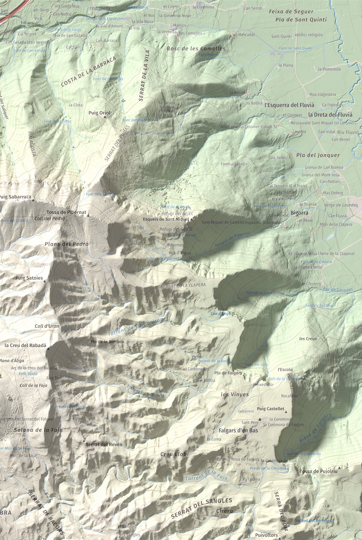 Mapa de relieve de Cabrera, 1308 m, Garrotxa · Osona, lámina 100 Cims de Trobart. Detalle de la zona superior derecha. 61 × 91 cm.