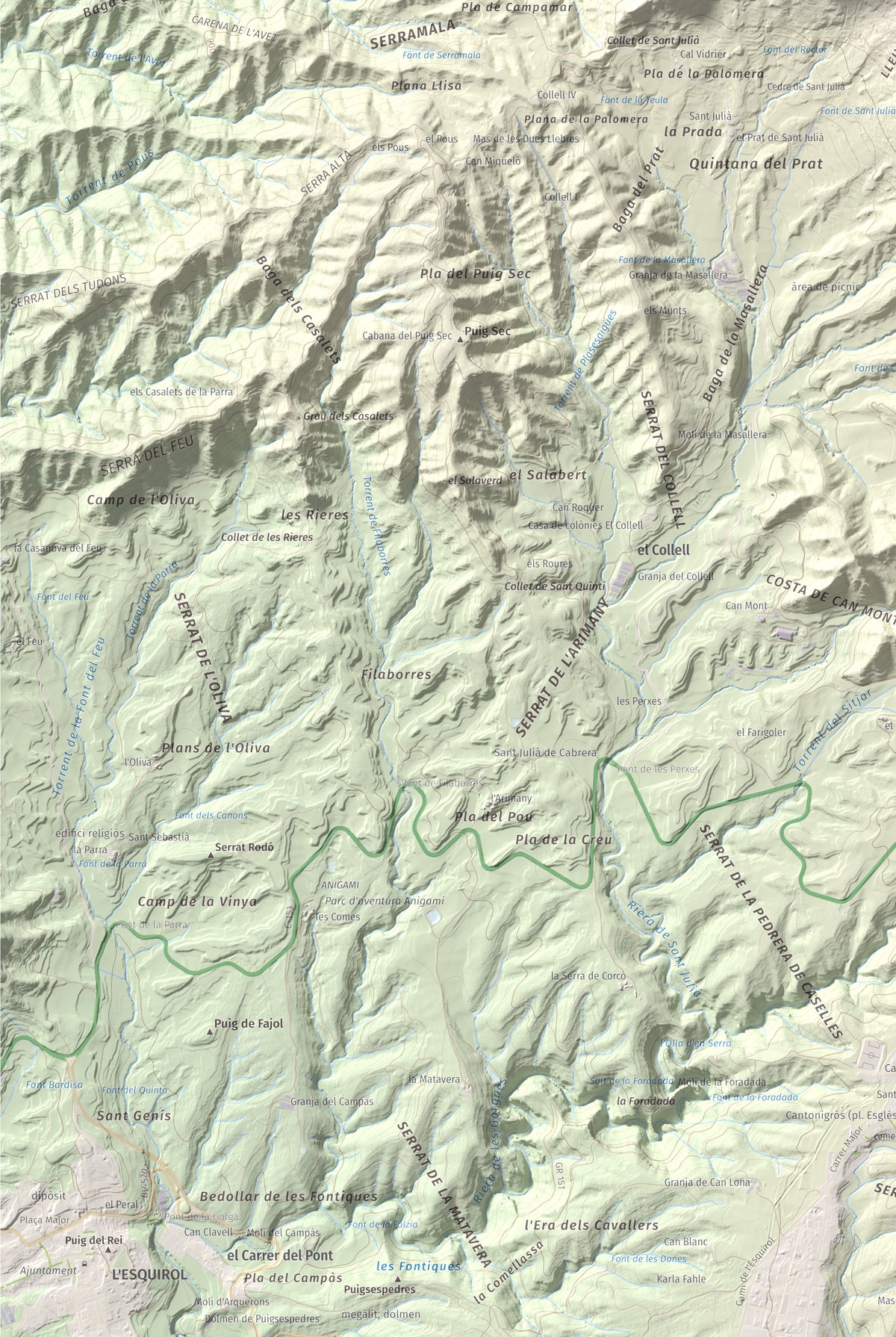 Mapa de relieve de Cabrera, 1308 m, Garrotxa · Osona, lámina 100 Cims de Trobart. Detalle de la zona inferior izquierda. 61 × 91 cm.