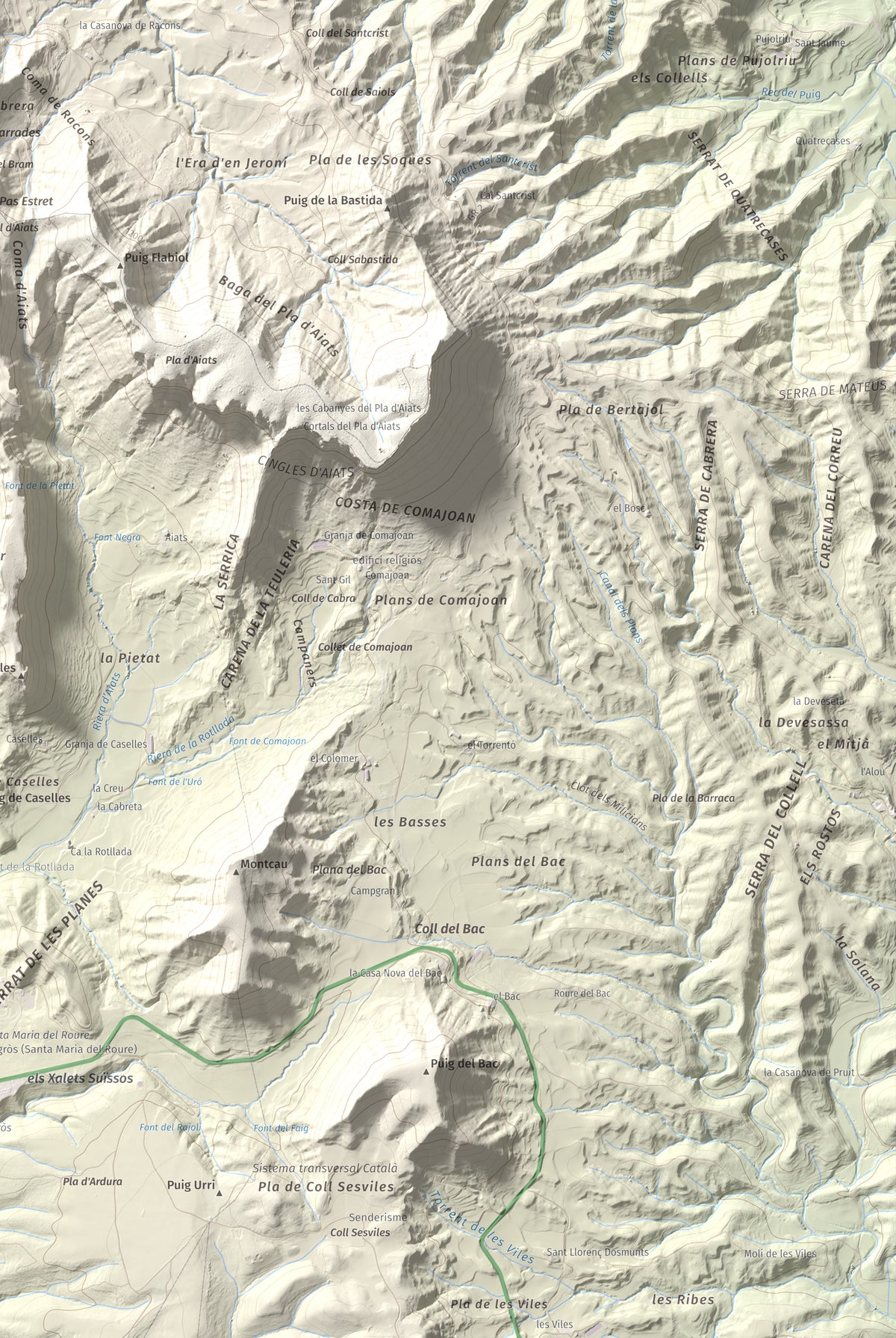 Mapa de relieve de Cabrera, 1308 m, Garrotxa · Osona, lámina 100 Cims de Trobart. Detalle de la zona inferior derecha. 61 × 91 cm.