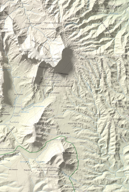 Mapa de relieve de Cabrera, 1308 m, Garrotxa · Osona, lámina 100 Cims de Trobart. Detalle de la zona inferior derecha. 61 × 91 cm.
