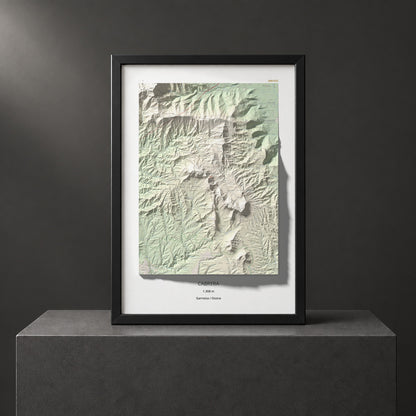 Mapa de relieve de Cabrera, 1308 m, Garrotxa · Osona, lámina 100 Cims de Trobart. Presentación enmarcada. 70 × 100 cm.