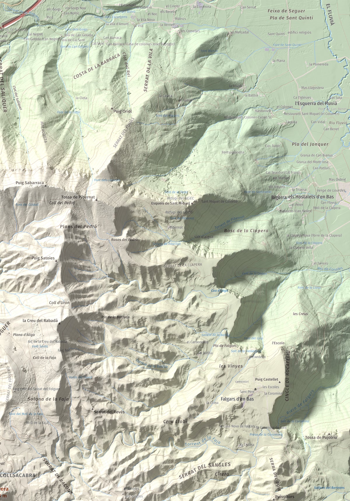 Mapa de relieve de Cabrera, 1308 m, Garrotxa · Osona, lámina 100 Cims de Trobart. Detalle de la zona superior derecha. 70 × 100 cm.