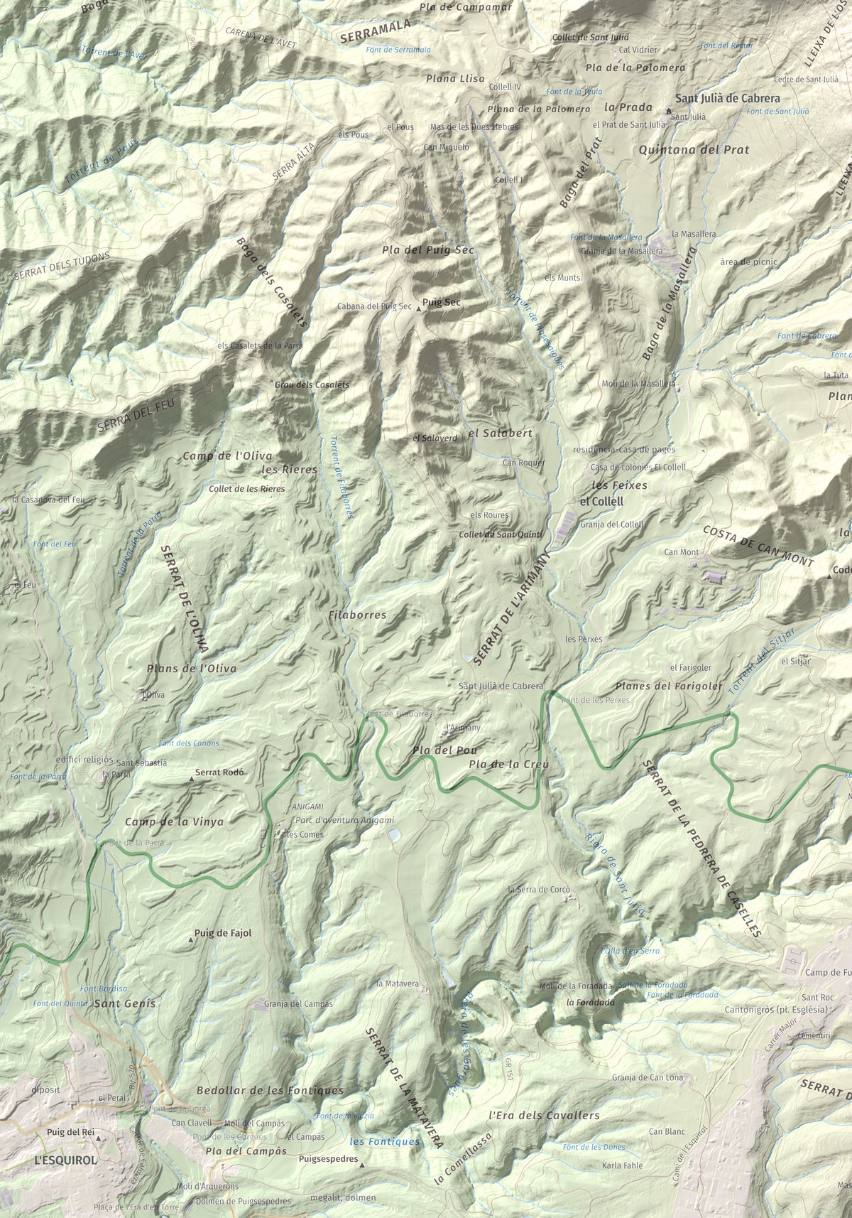 Mapa de relieve de Cabrera, 1308 m, Garrotxa · Osona, lámina 100 Cims de Trobart. Detalle de la zona inferior izquierda. 70 × 100 cm.