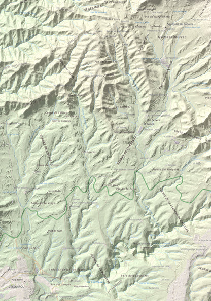 Mapa de relieve de Cabrera, 1308 m, Garrotxa · Osona, lámina 100 Cims de Trobart. Detalle de la zona inferior izquierda. 70 × 100 cm.