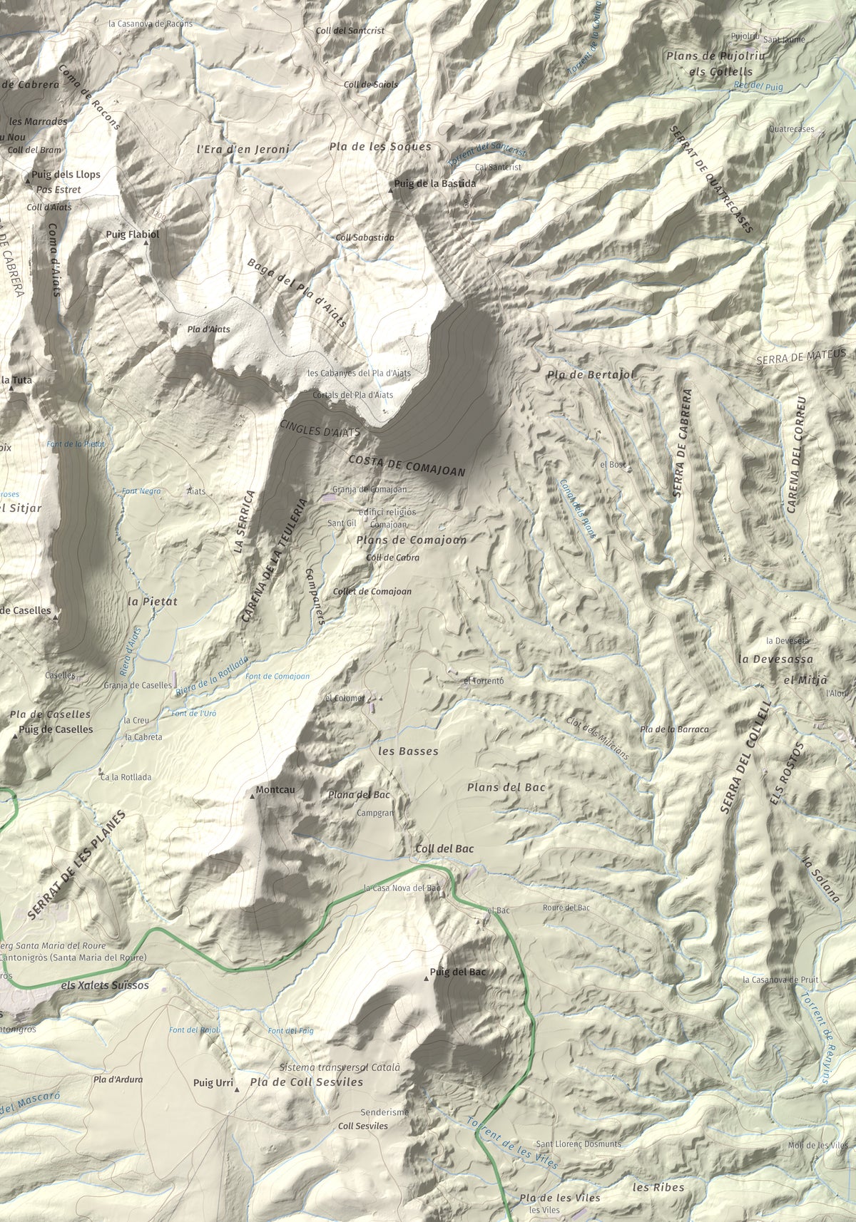 Mapa de relieve de Cabrera, 1308 m, Garrotxa · Osona, lámina 100 Cims de Trobart. Detalle de la zona inferior derecha. 70 × 100 cm.