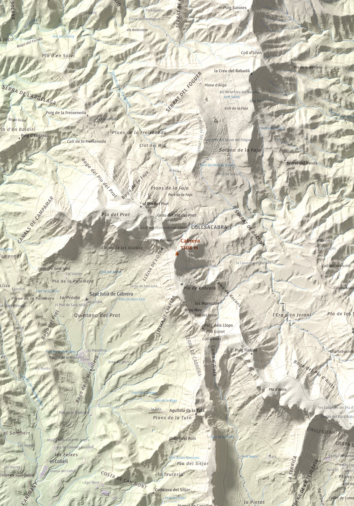 Mapa de relieve de Cabrera, 1308 m, Garrotxa · Osona, lámina 100 Cims de Trobart. Detalle de la zona central. 70 × 100 cm.