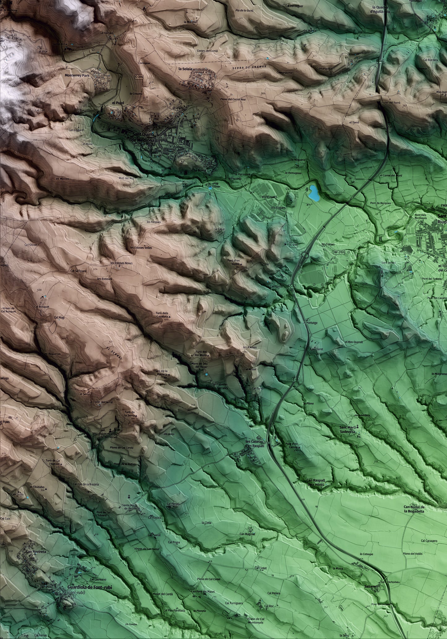 Mapa artístico del relieve de Cabrera d'Anoia, al Anoia, con 15 km de entorno y base topográfica ICGC. Detalle de la zona inferior izquierda.