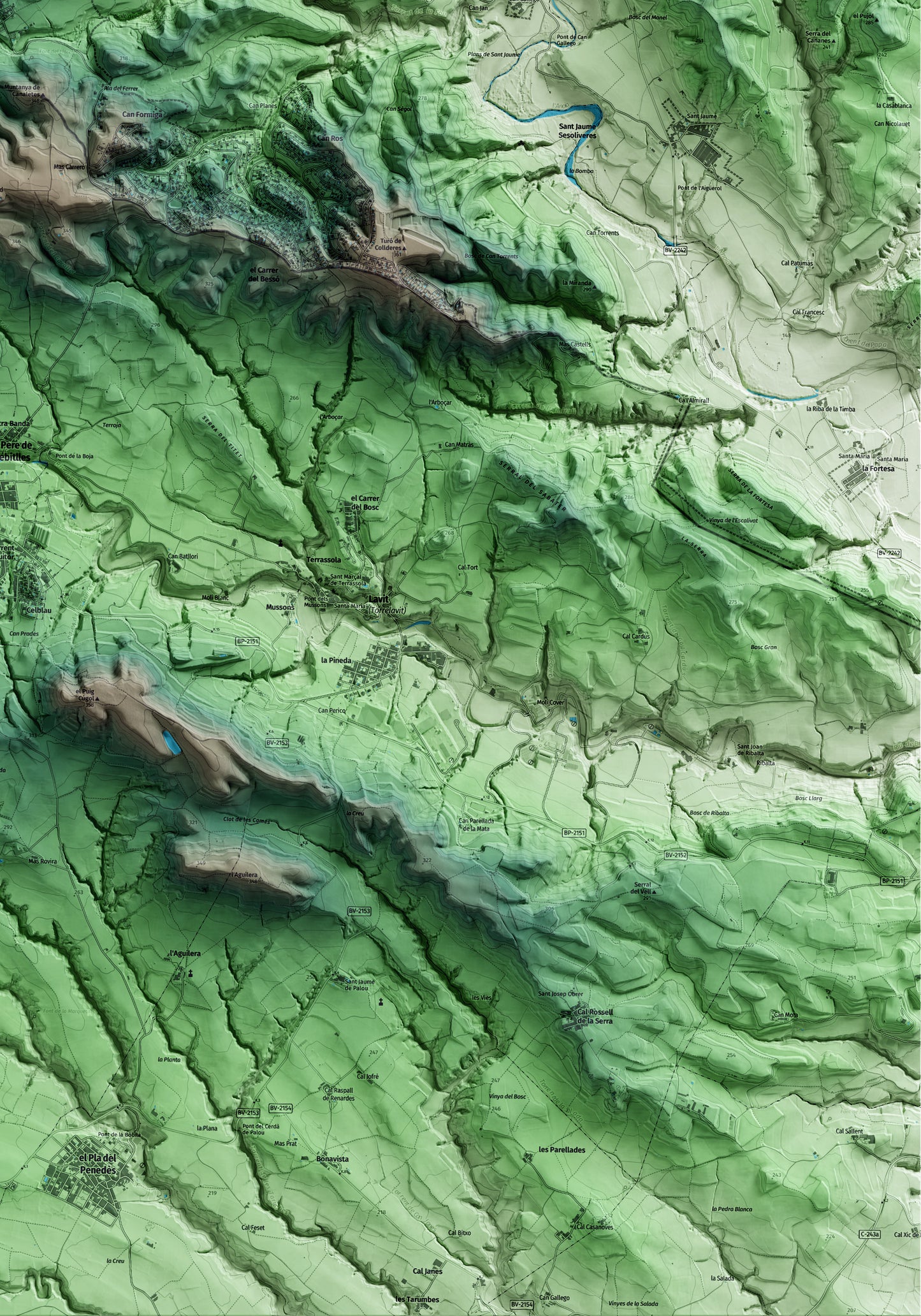 Mapa artístico del relieve de Cabrera d'Anoia, al Anoia, con 15 km de entorno y base topográfica ICGC. Detalle de la zona inferior derecha.