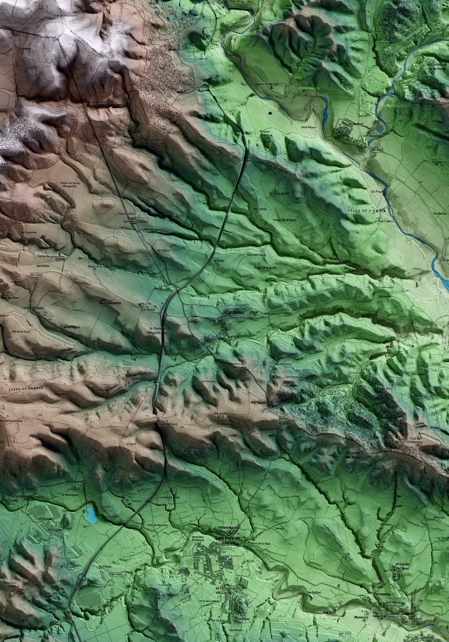 Mapa artístico del relieve de Cabrera d'Anoia, al Anoia, con 15 km de entorno y base topográfica ICGC. Detalle de la zona central.