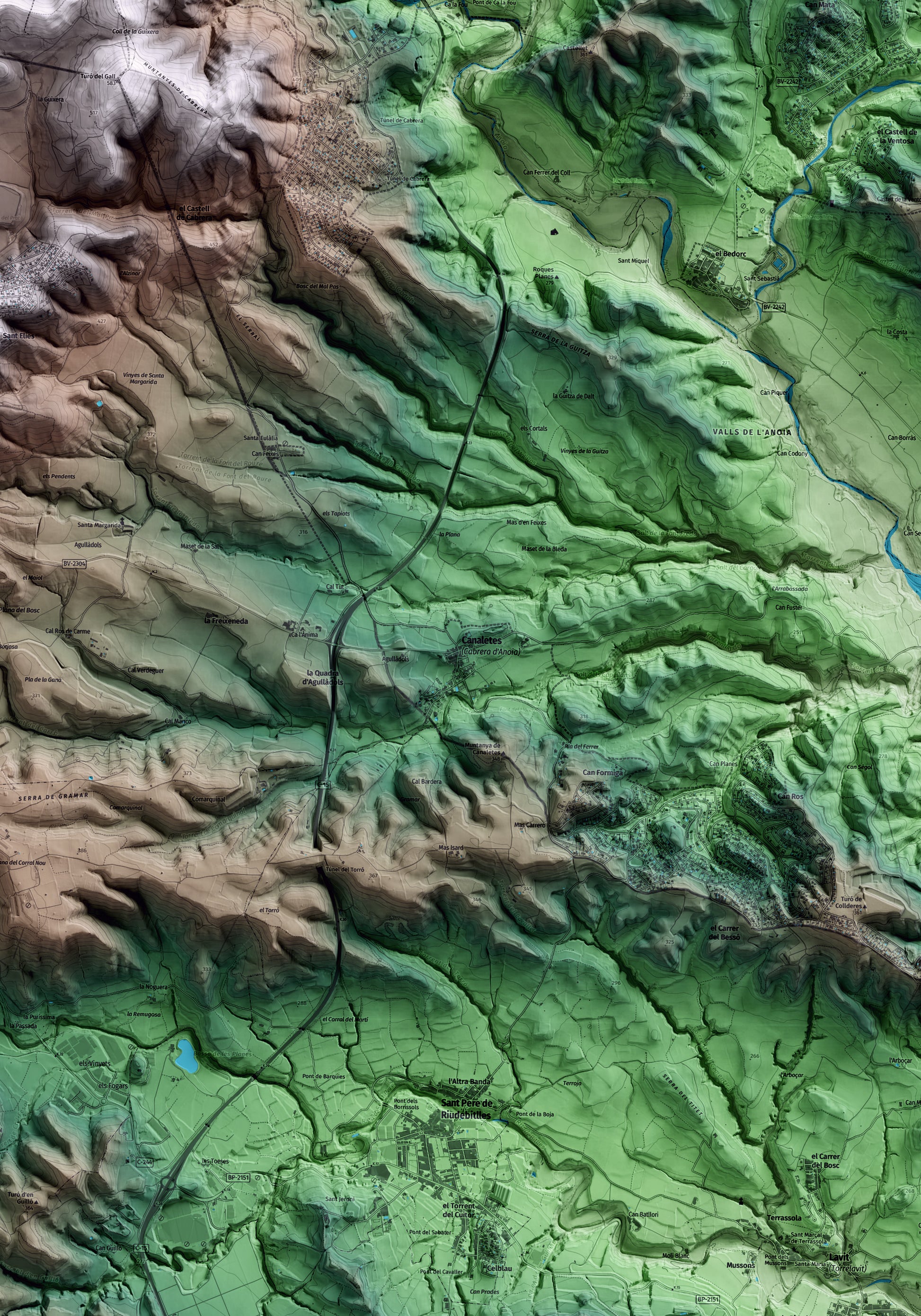 Mapa artístico del relieve de Cabrera d'Anoia, al Anoia, con 15 km de entorno y base topográfica ICGC. Detalle de la zona central.