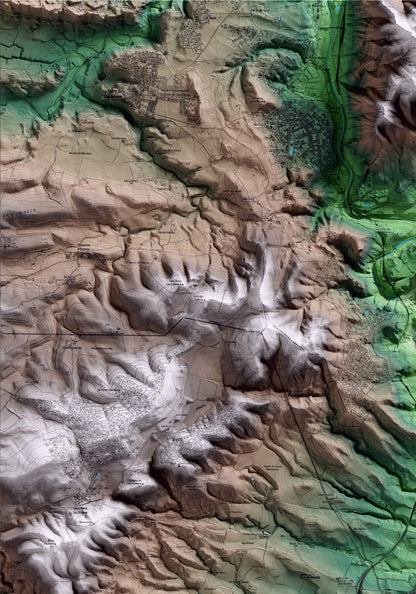 Mapa artístico del relieve de Cabrera d'Anoia, al Anoia, con 15 km de entorno y base topográfica ICGC. Detalle de la zona superior izquierda.