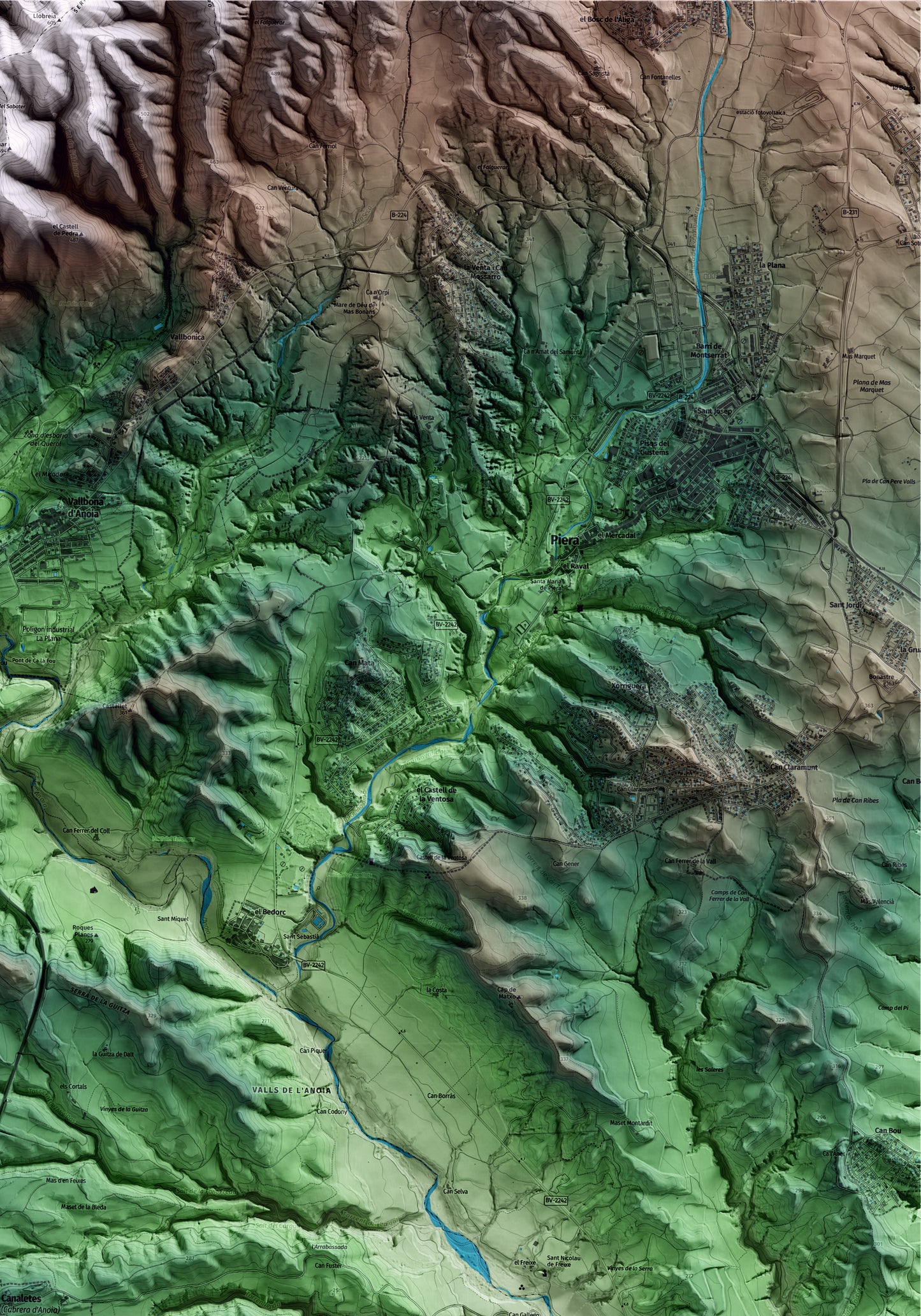 Mapa artístico del relieve de Cabrera d'Anoia, al Anoia, con 15 km de entorno y base topográfica ICGC. Detalle de la zona superior derecha.